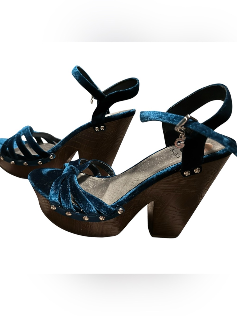 Guess Teal Blue Velvet Platform Sandals with Ankle Strap